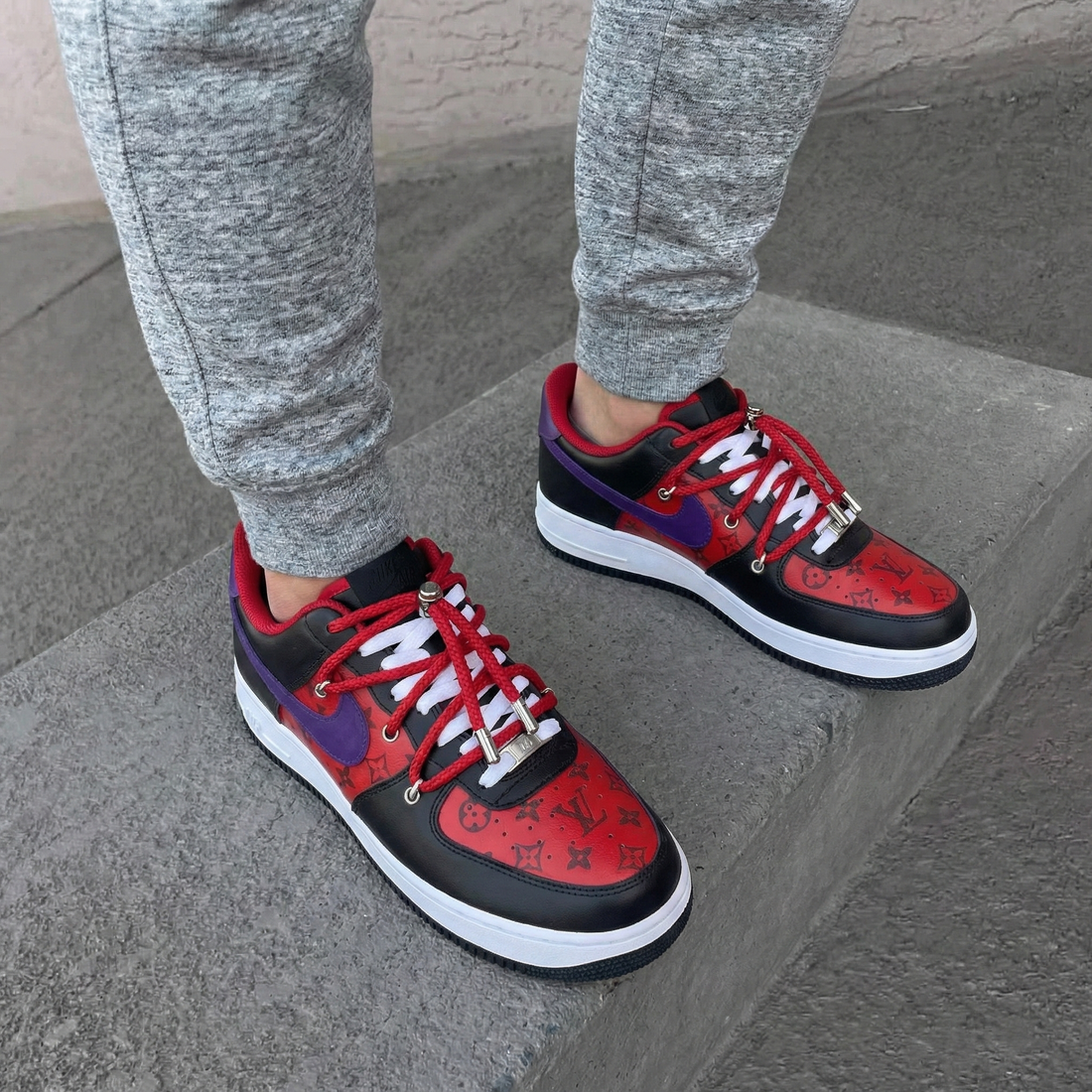 Custom AF 1s Shoes LV Monogram Black Red Purple