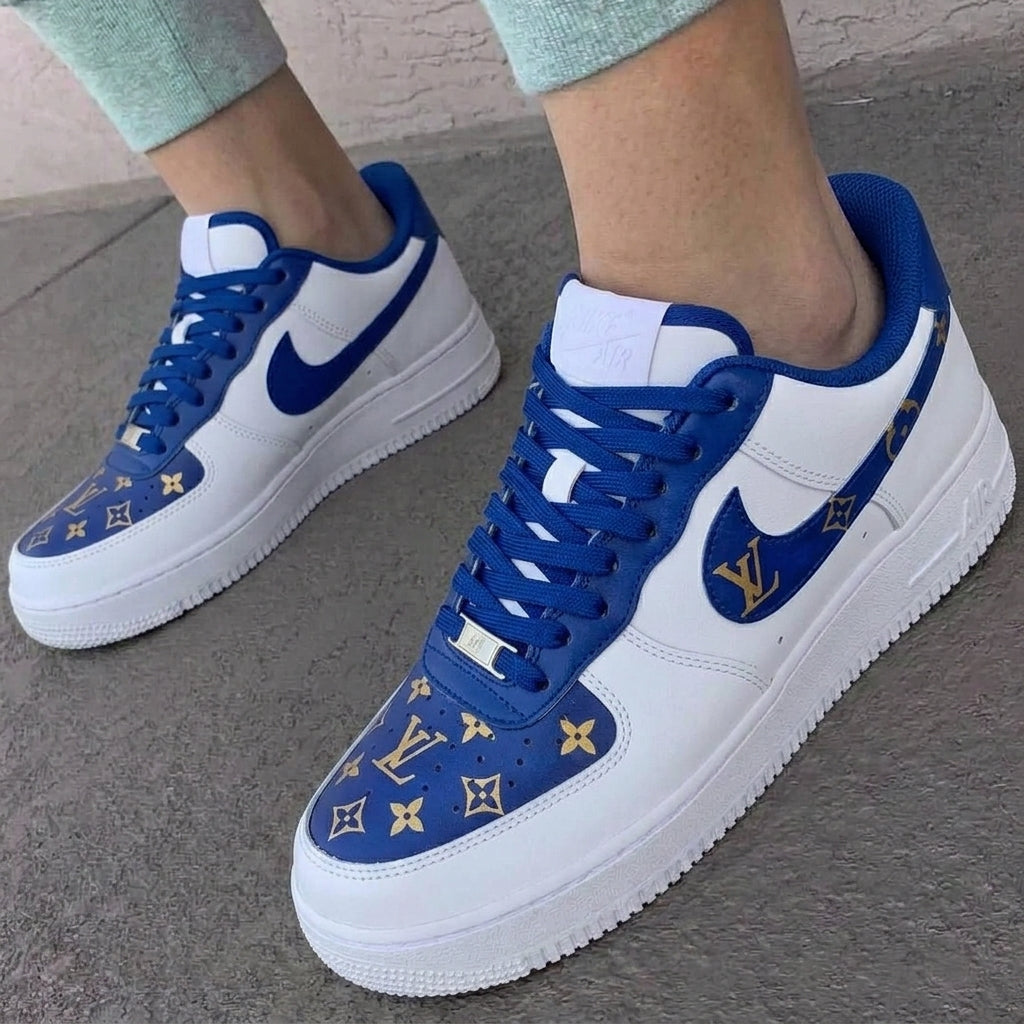 Custom AF 1s Shoes LV Monogram Blue Gold