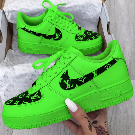 Custom AF 1s Shoes LV Monogram Neon Green Black