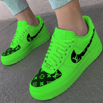Custom AF 1s Shoes LV Monogram Neon Green Black