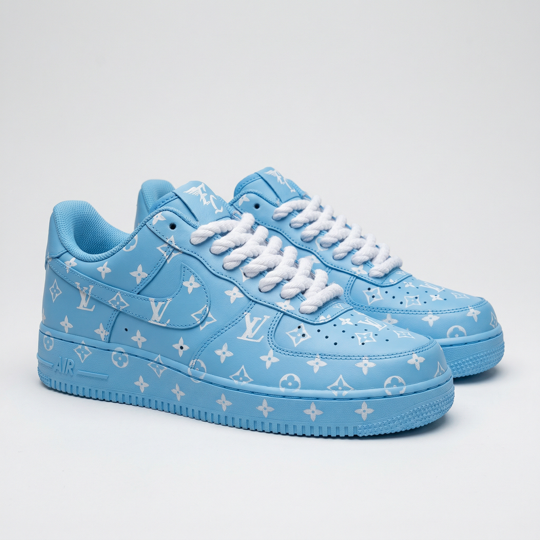 Custom AF 1s Shoes LV Pattern Baby Blue