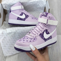 Custom AF 1s Shoes LV Pattern Baby Purple White