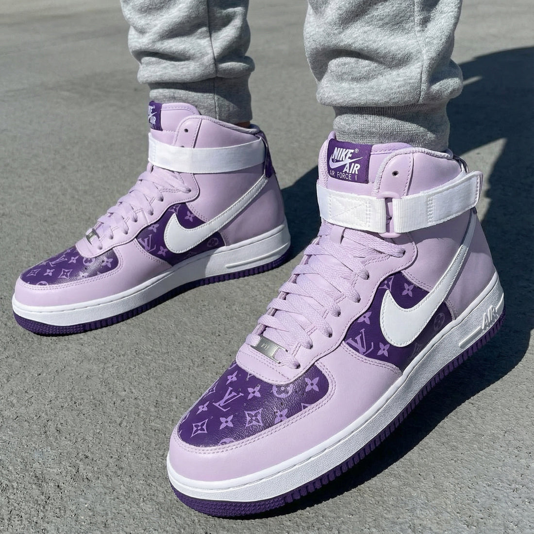 Custom AF 1s Shoes LV Pattern Baby Purple White