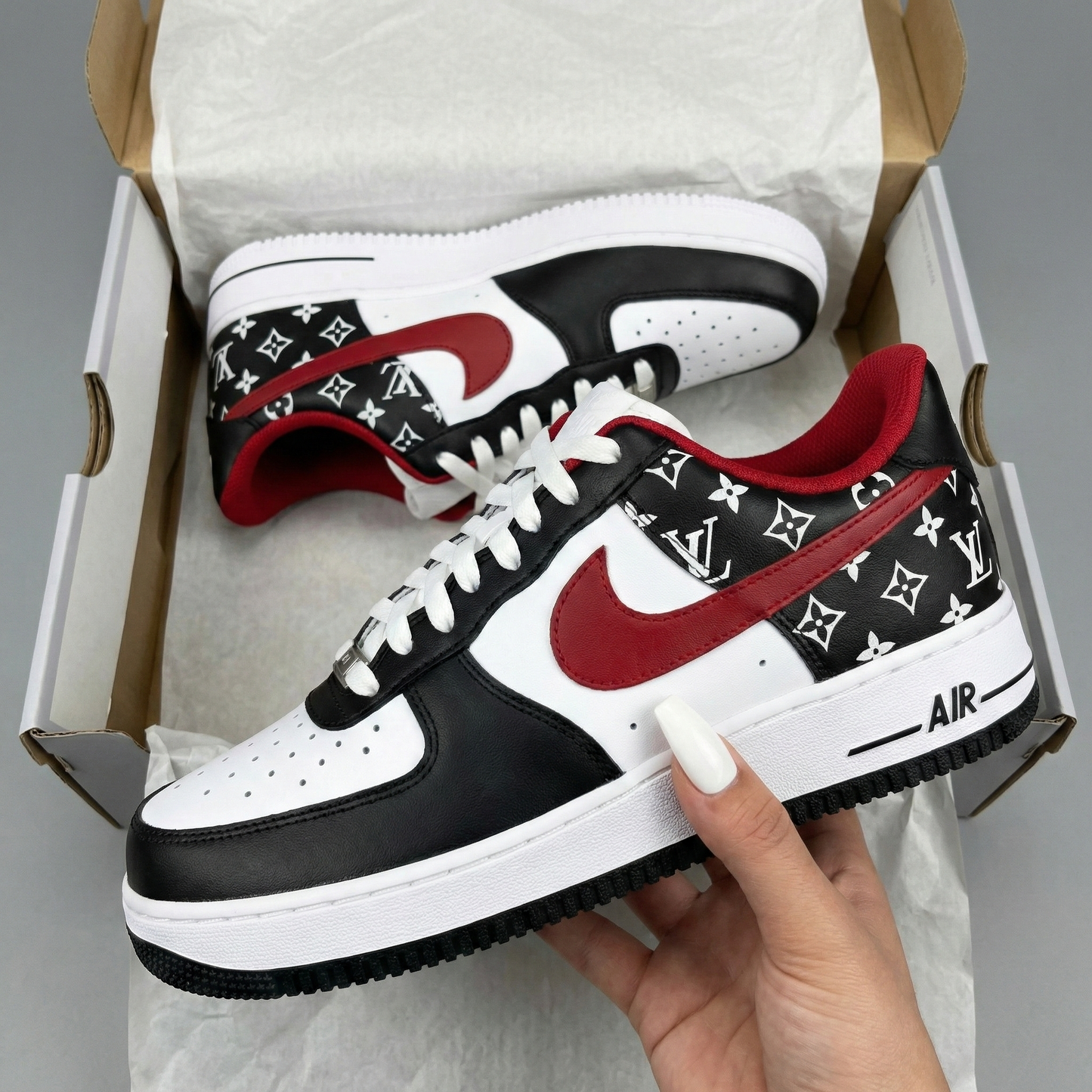 Custom AF 1s Shoes LV Pattern Black Red