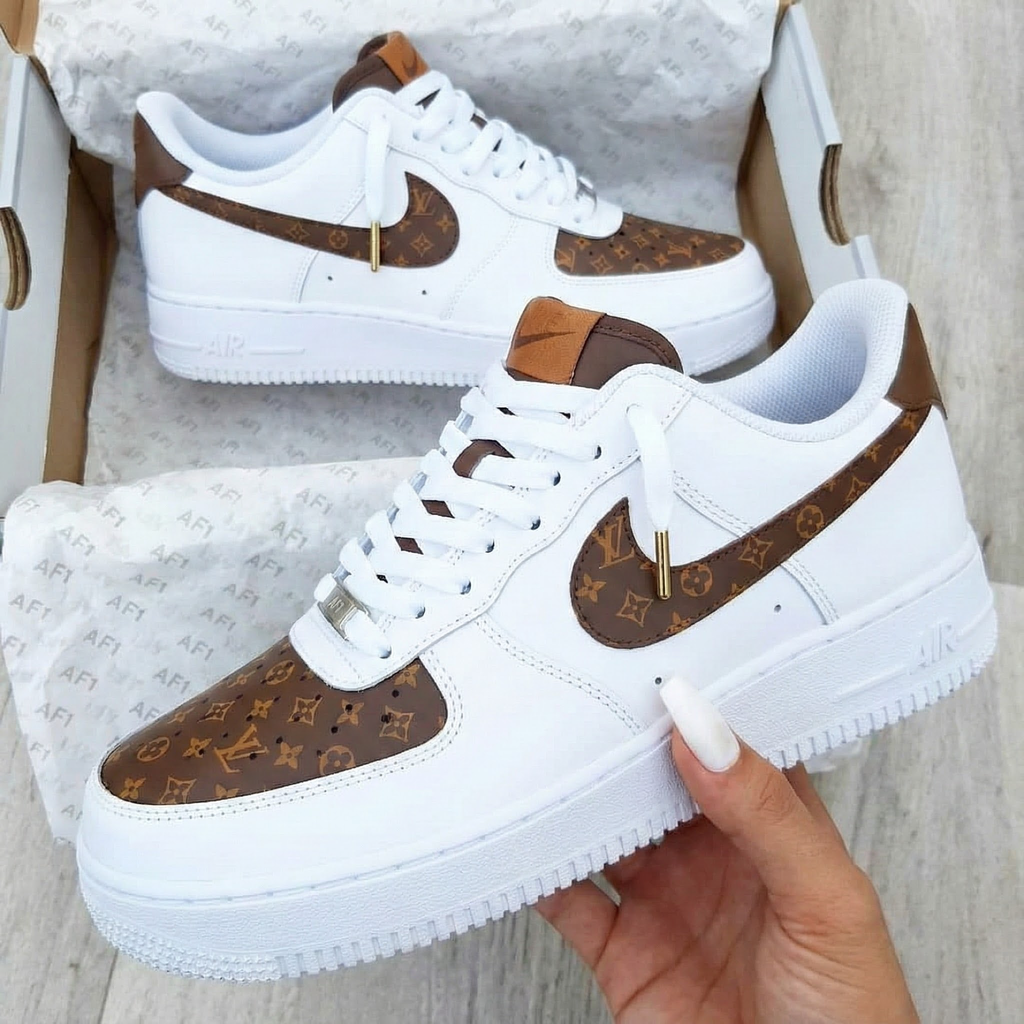 Custom AF 1s Shoes LV Pattern Brown White