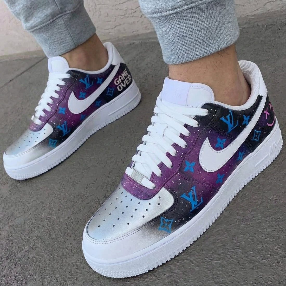 Custom AF 1s Shoes LV Pattern Purple Blue