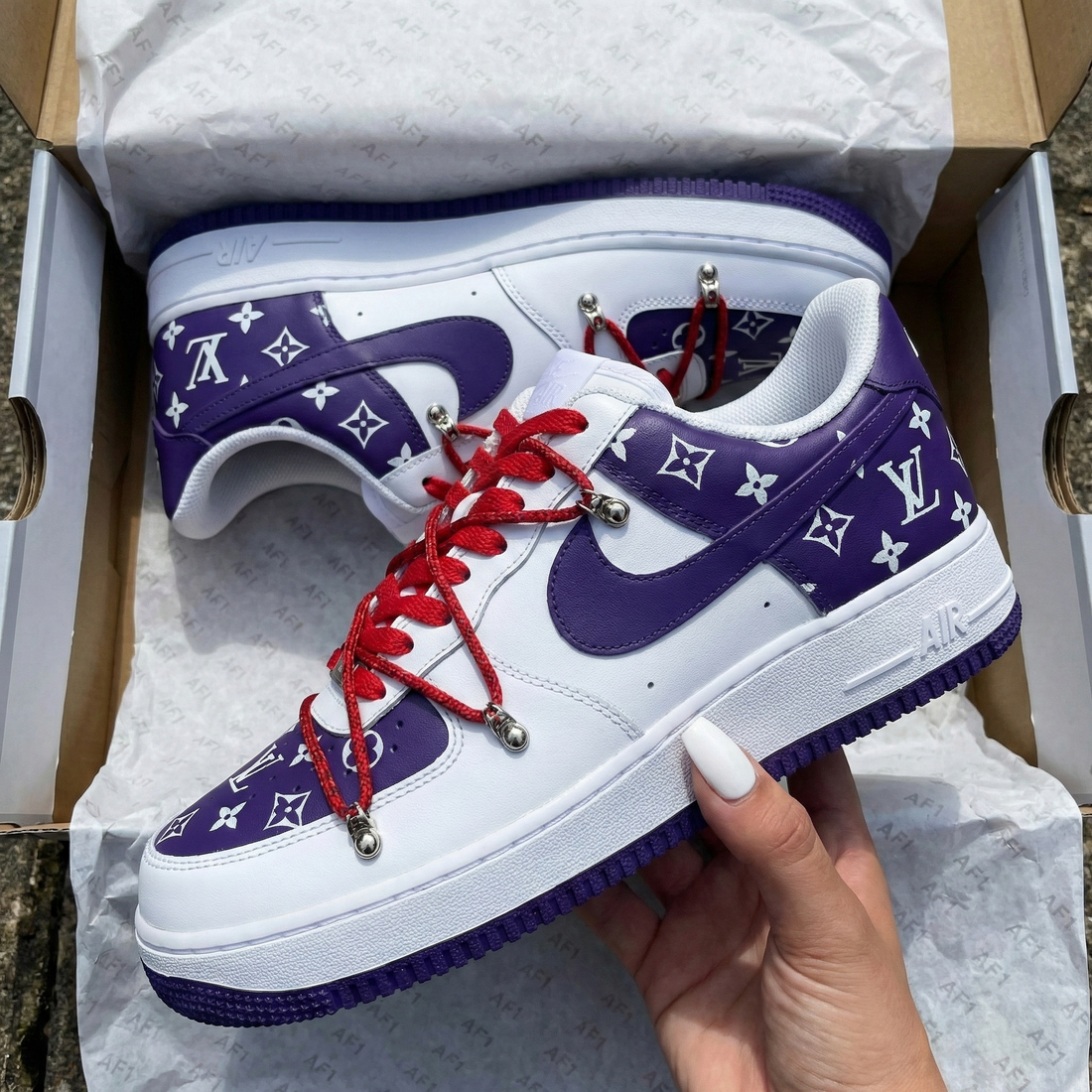 Custom AF 1s Shoes LV Pattern Purple Red
