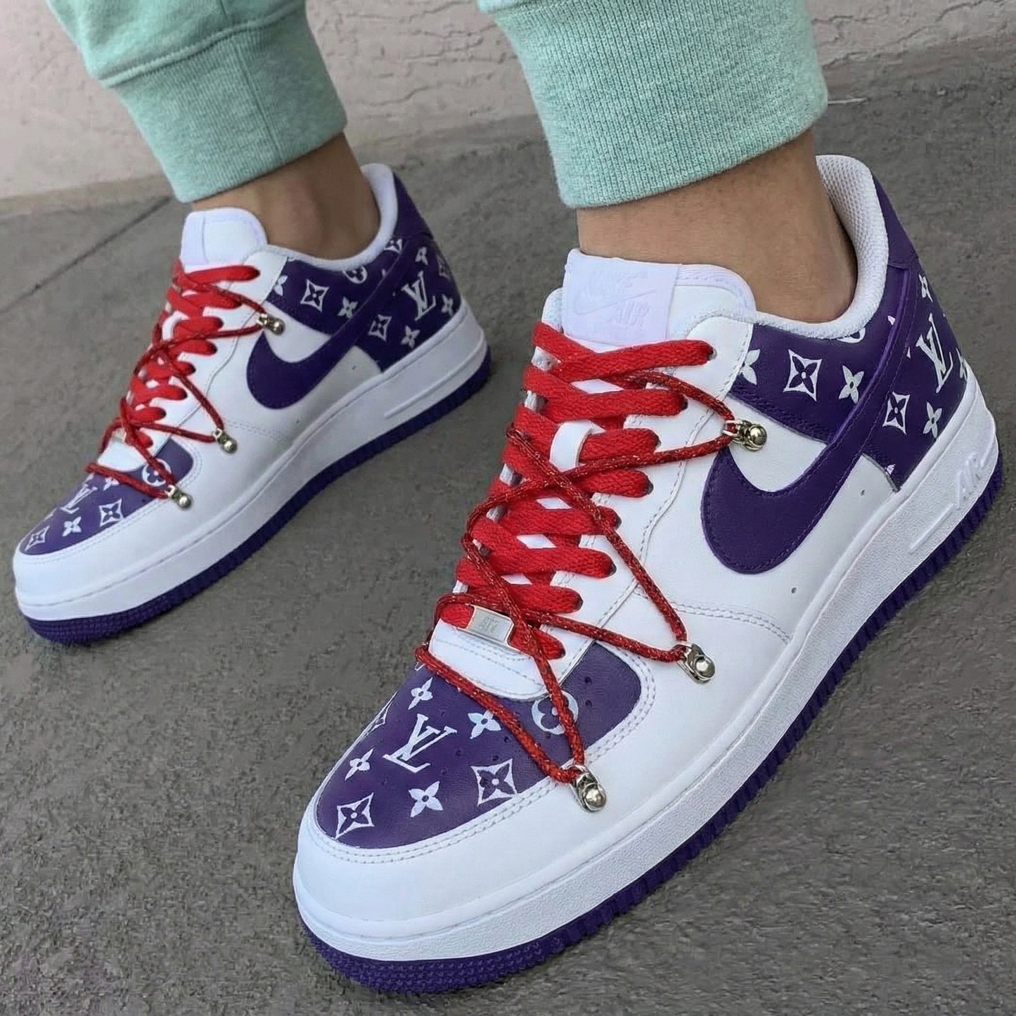 Custom AF 1s Shoes LV Pattern Purple Red