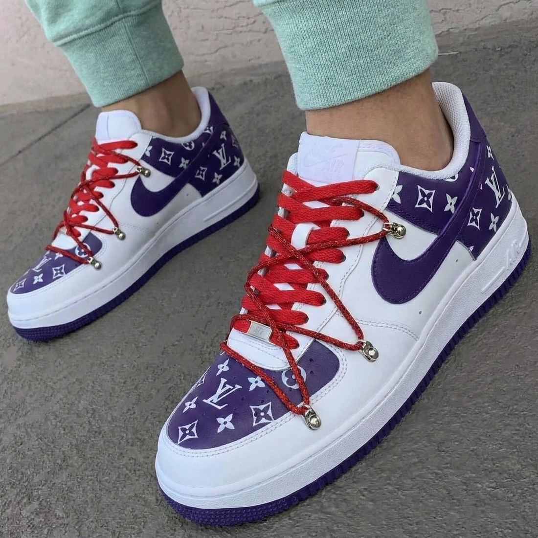 Custom AF 1s Shoes LV Pattern Purple Red