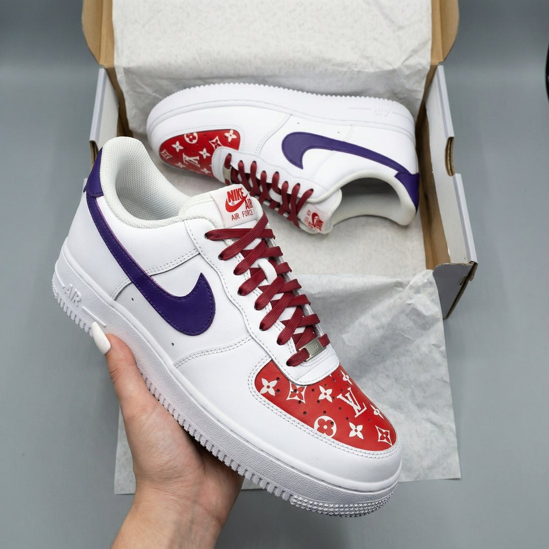 Custom AF 1s Shoes LV Pattern Red Purple
