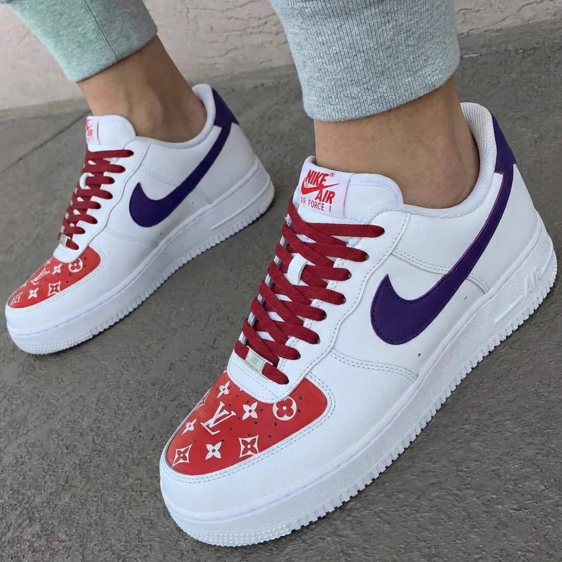 Custom AF 1s Shoes LV Pattern Red Purple