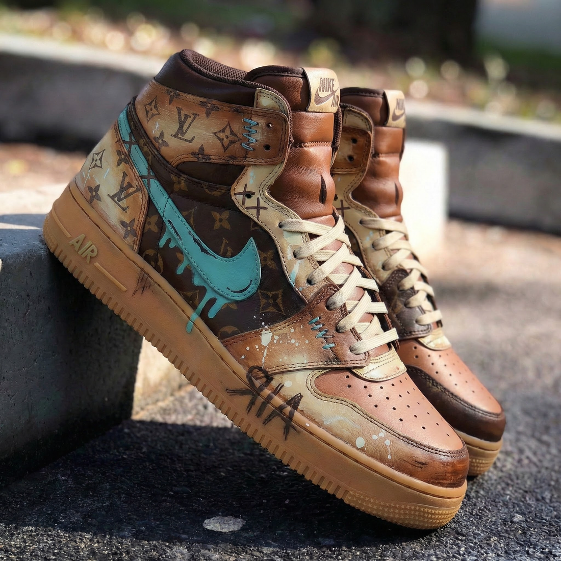 Custom AF 1s Shoes LV Pattern Teal Brown