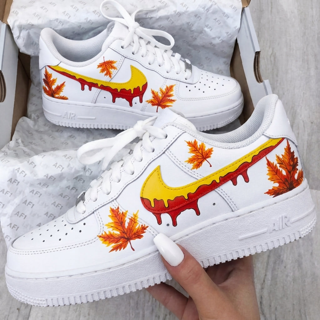 Custom AF 1s Shoes Maple Leaves Dripping Swoosh Yellow Red Orange