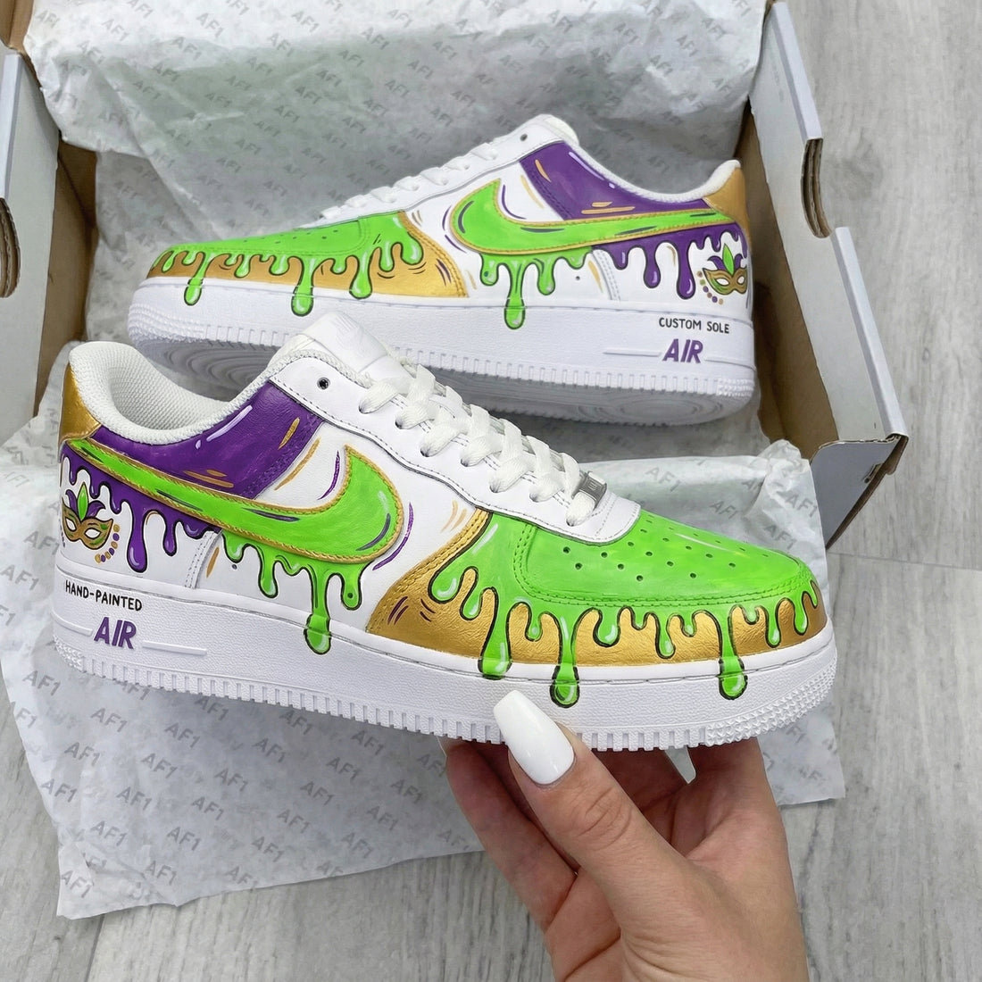 Custom AF 1s Shoes Mardi Gras Themed Green Purple Gold