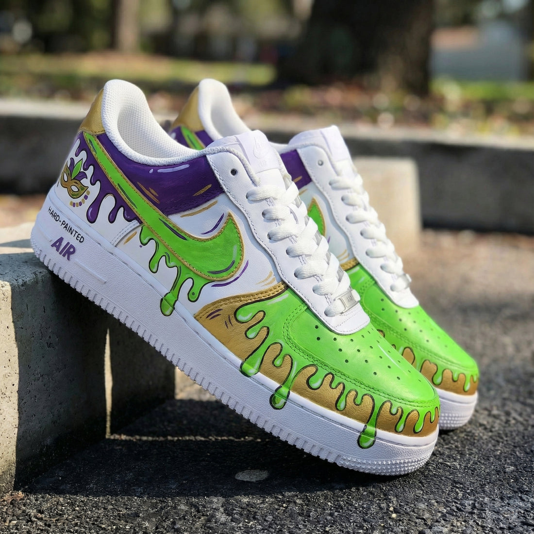 Custom AF 1s Shoes Mardi Gras Themed Green Purple Gold
