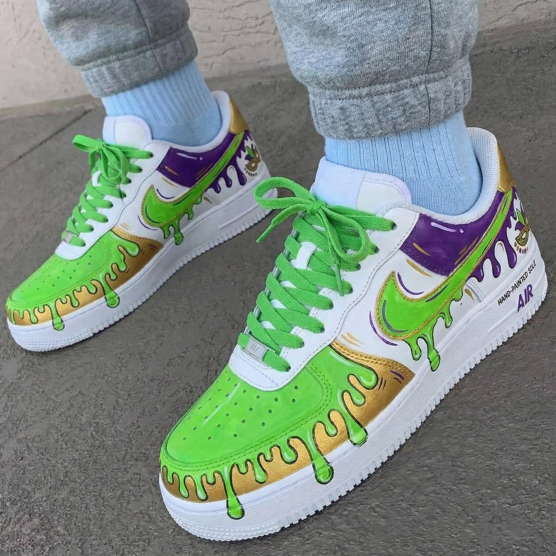 Custom AF 1s Shoes Mardi Gras Themed Green Purple Gold