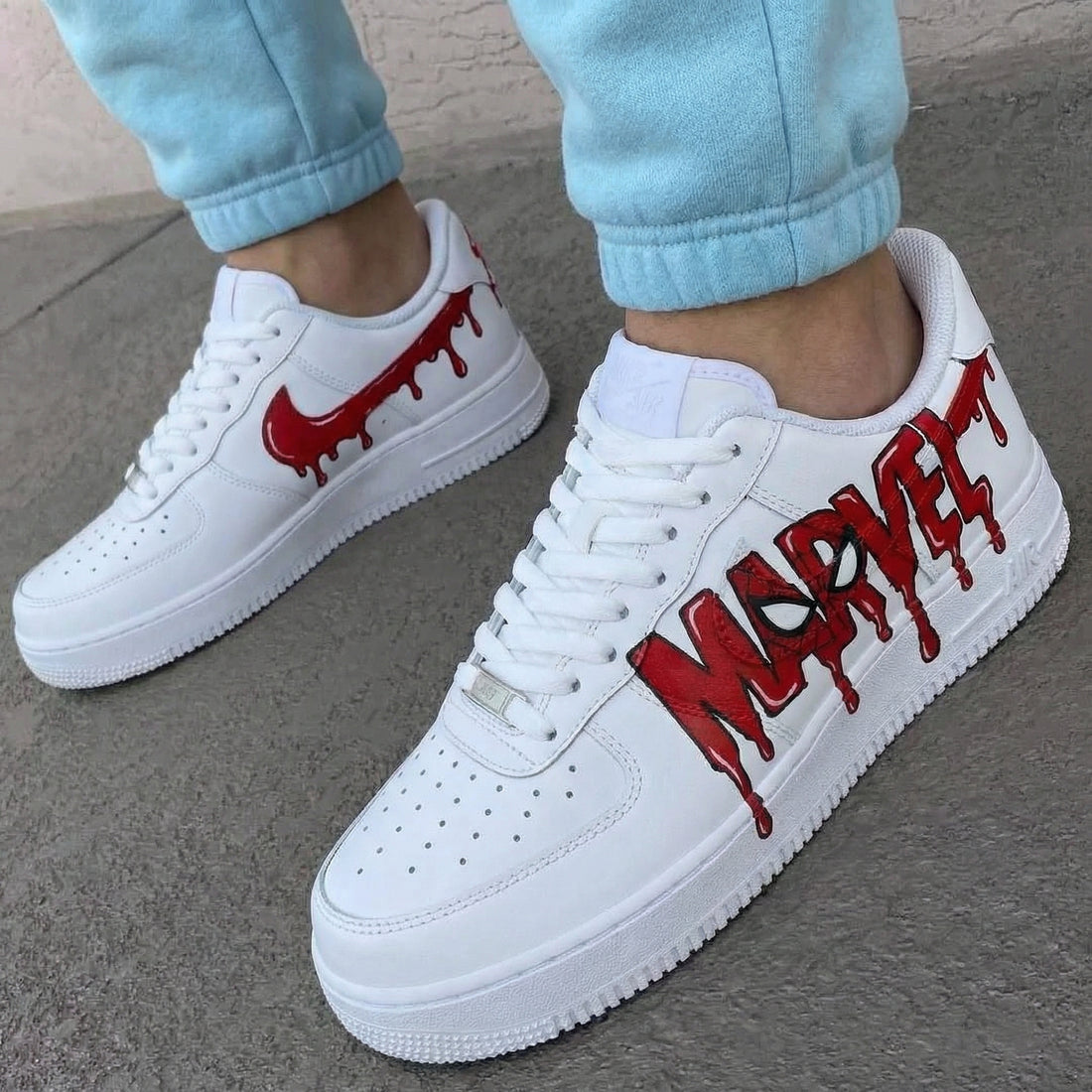 Custom AF 1s Shoes Marvel Drip Red Spider - Man Eyes White