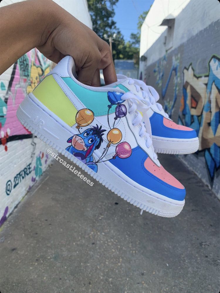 Custom AF 1s Shoes Melancholy Eeyore Balloons Theme Blue Pink