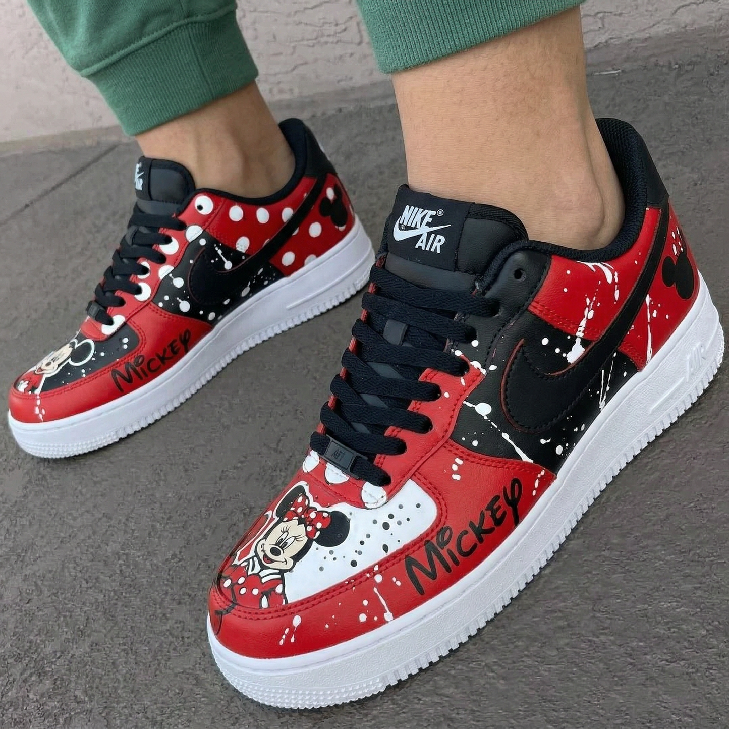 Custom AF 1s Shoes Mickey Minnie Mouse Polka Dots Splatter Red Black