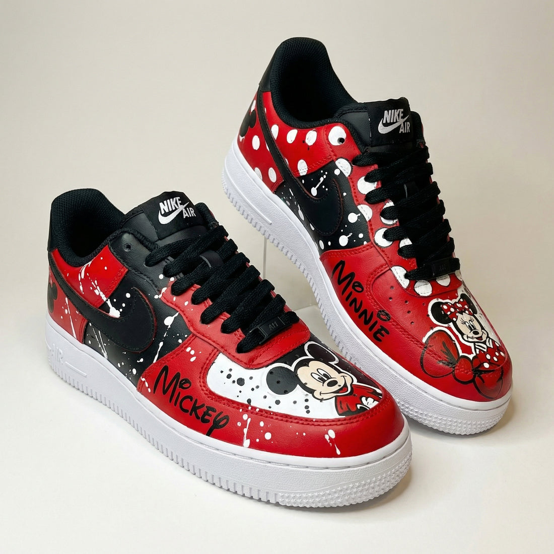 Custom AF 1s Shoes Mickey Minnie Mouse Polka Dots Splatter Red Black