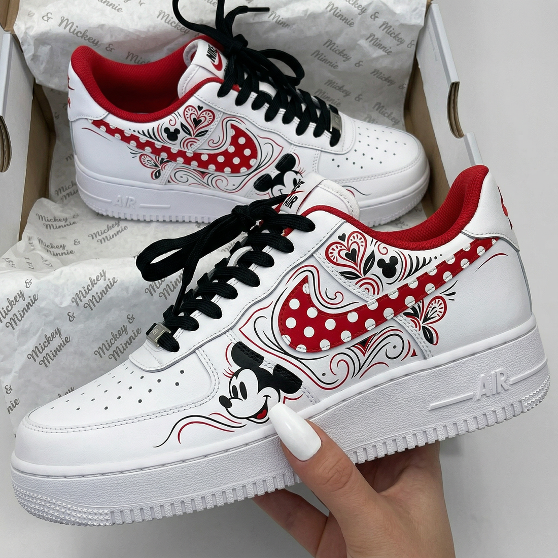 Custom AF 1s Shoes Mickey Mouse Polka Dots Patterns Red Black