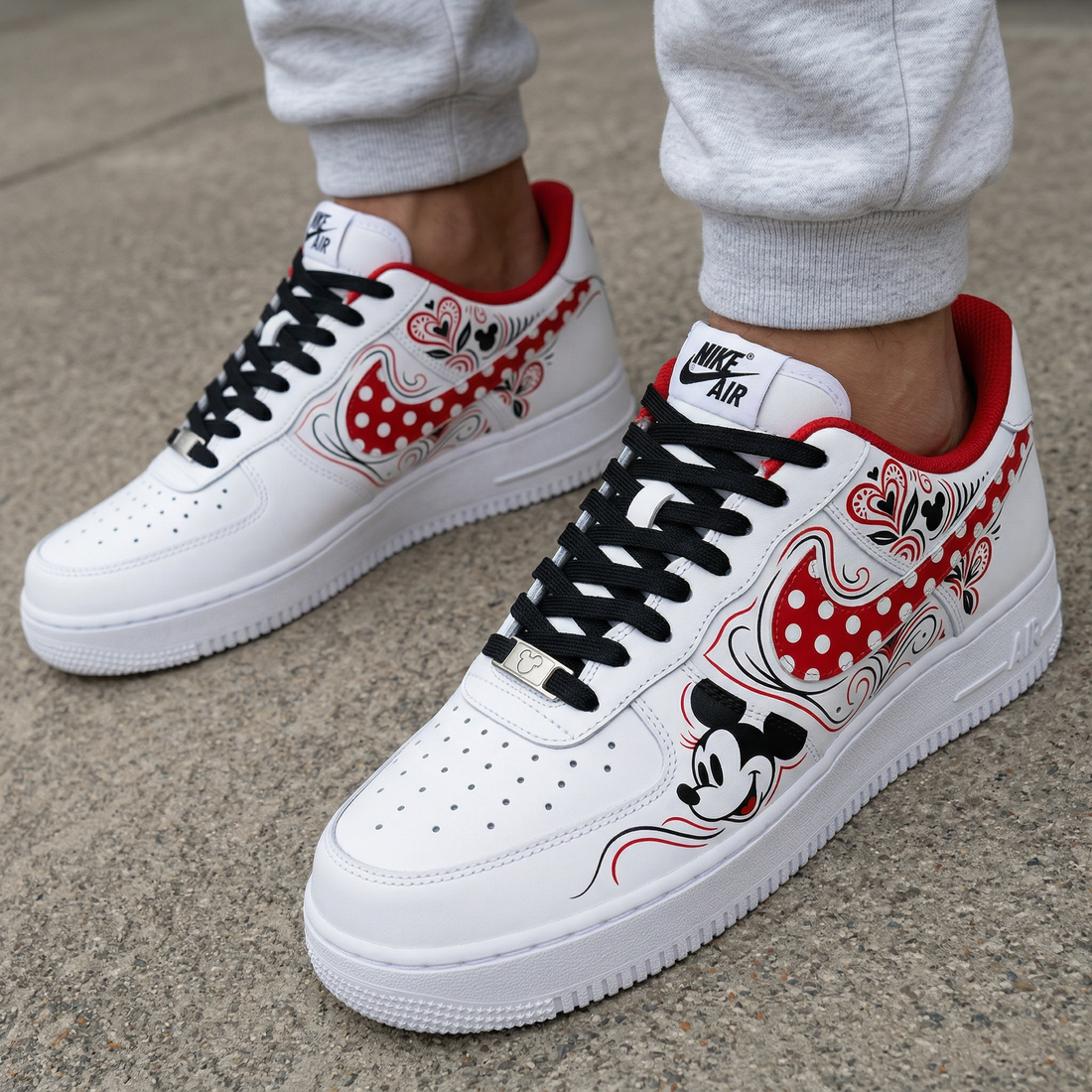 Custom AF 1s Shoes Mickey Mouse Polka Dots Patterns Red Black