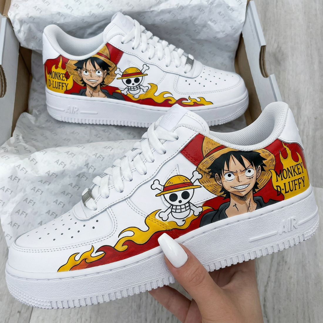Custom AF 1s Shoes Monkey D Luffy Straw Hat Skull Flame Red Yellow