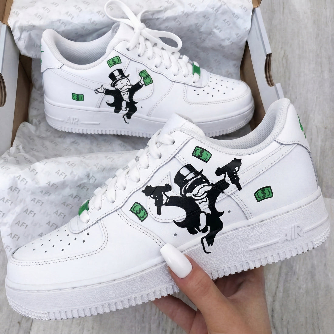 Custom AF 1s Shoes Monopoly Man Money Bills Black Green