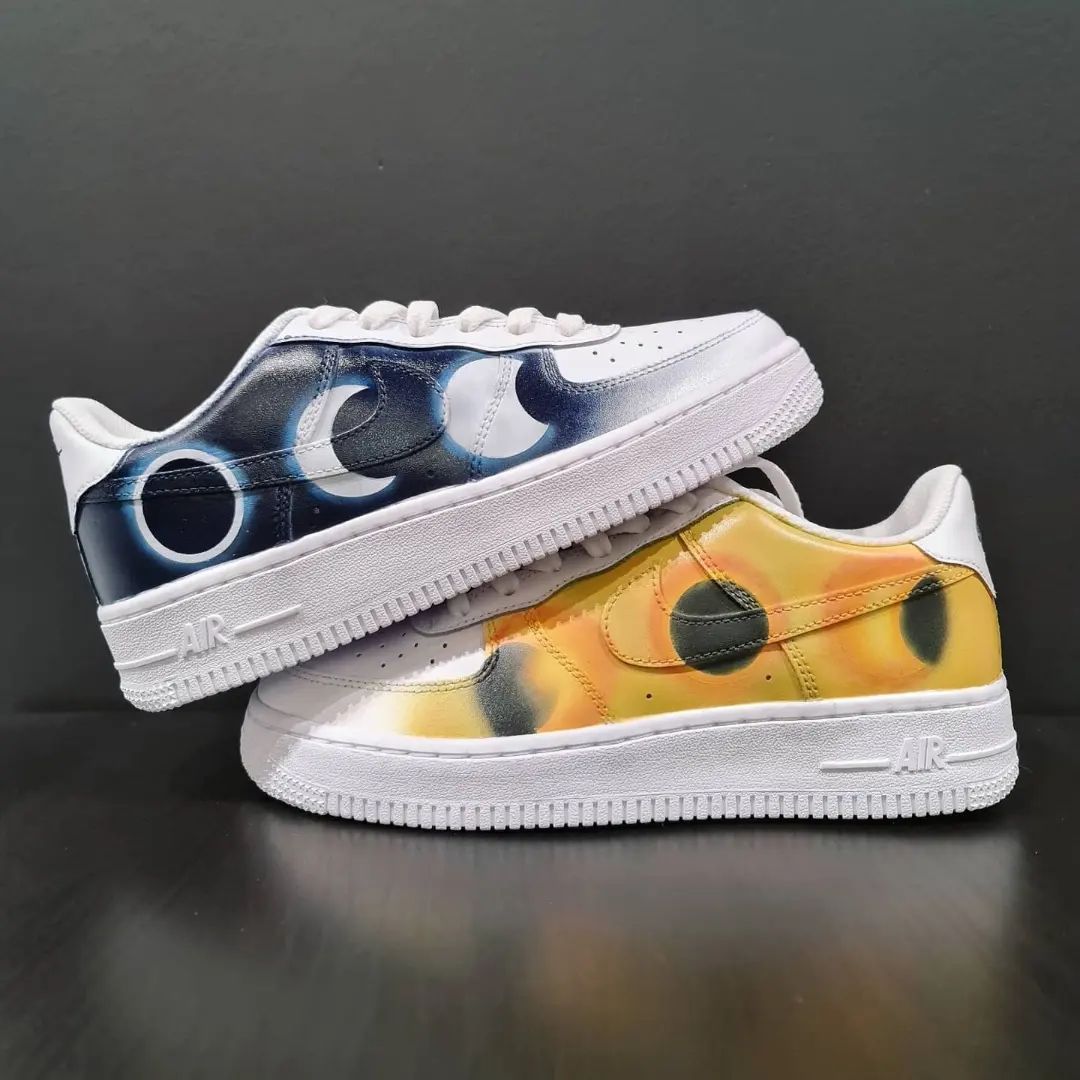 Custom AF 1s Shoes Moon Sun Motif in Navy with Yellow Accents