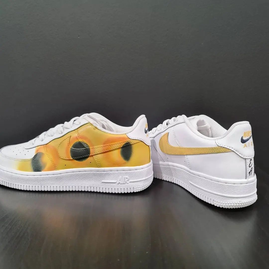 Custom AF 1s Shoes Moon Sun Motif in Navy with Yellow Accents