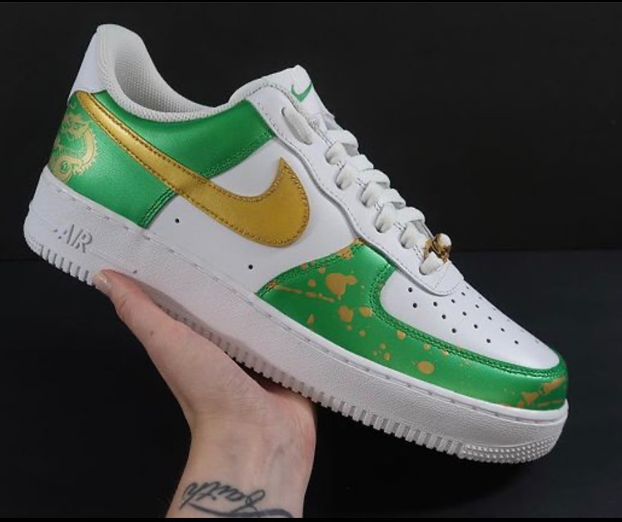 Custom AF 1s Shoes Mystical Green and Golden Dragon