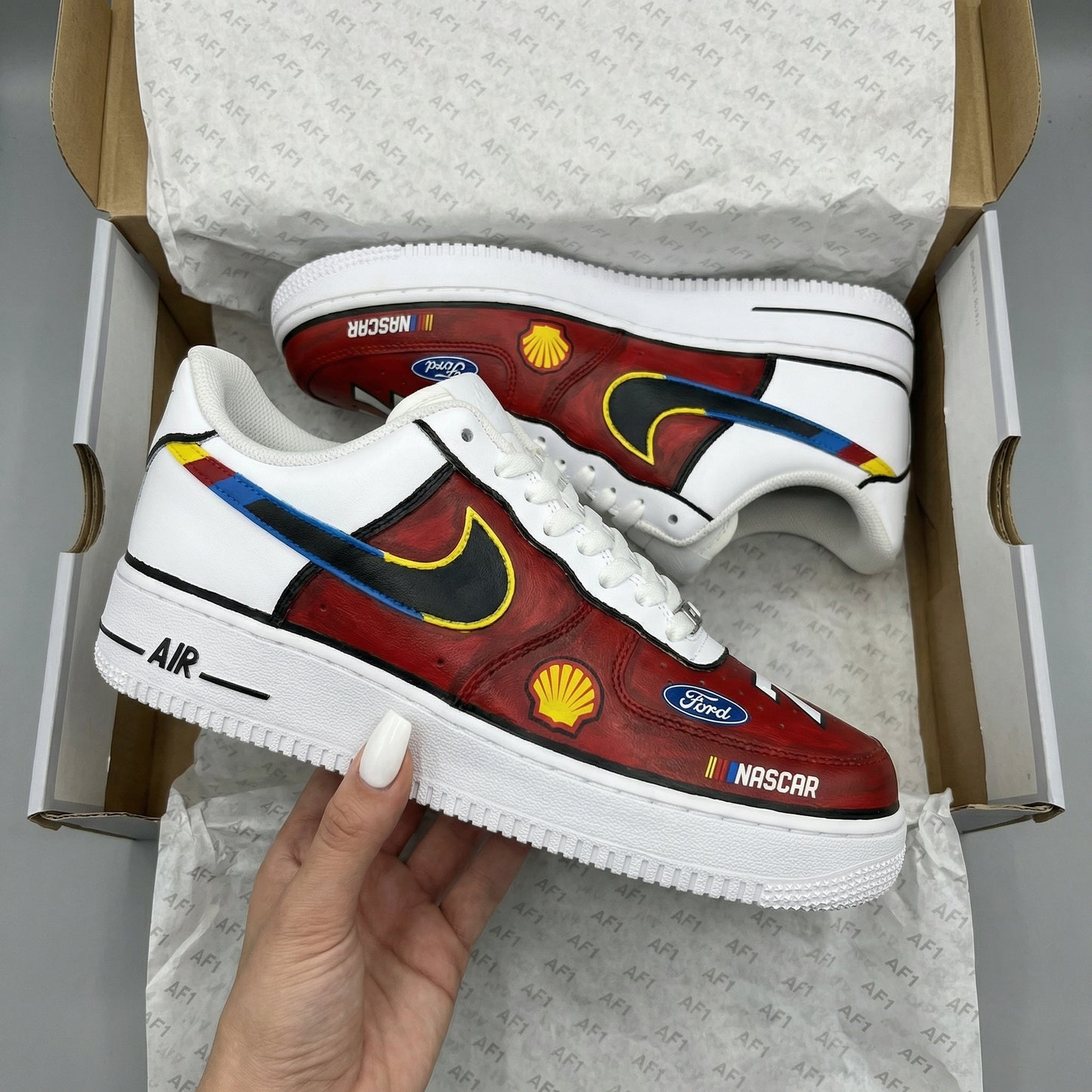 Custom AF 1s Shoes NASCAR Theme Red Black White