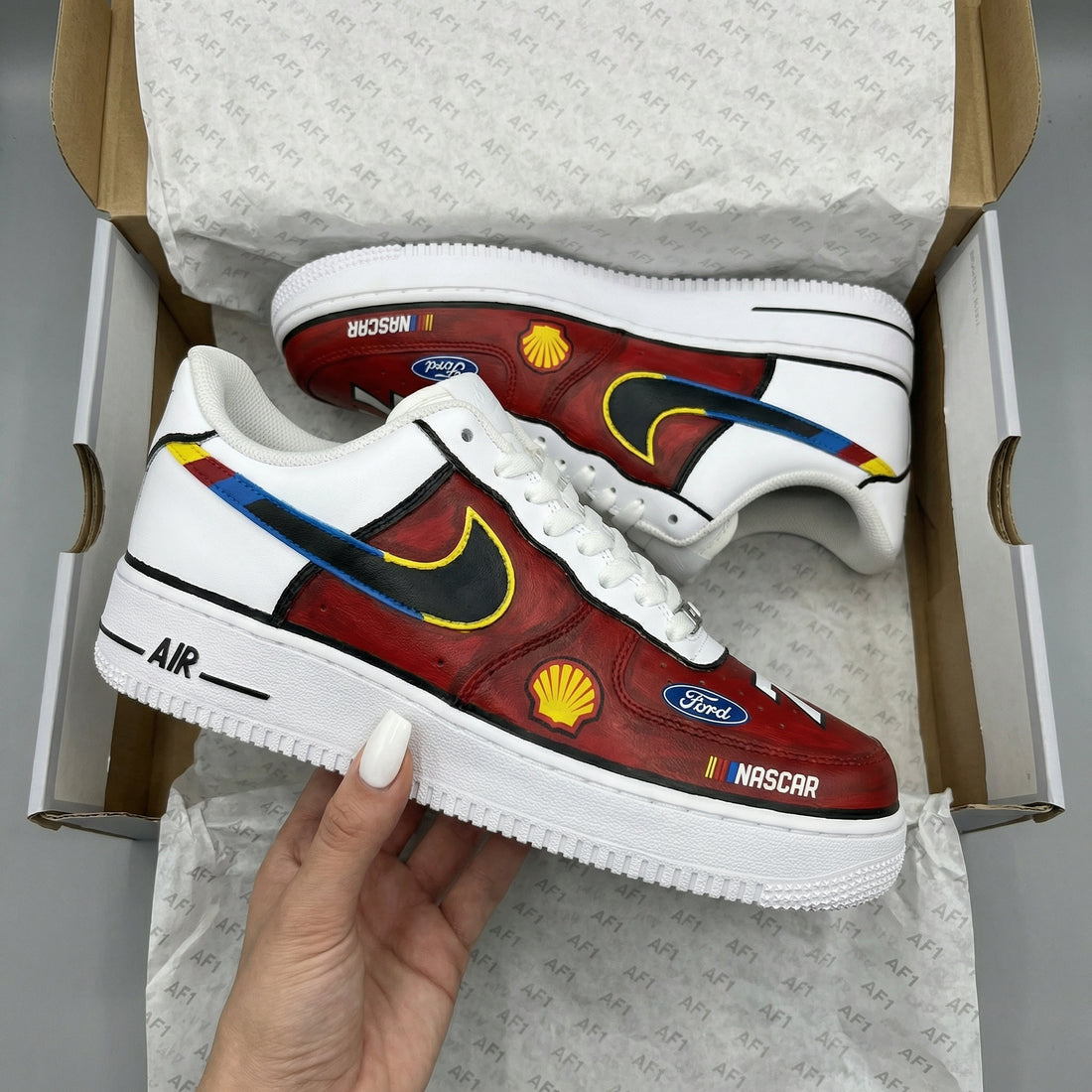 Custom AF 1s Shoes NASCAR Theme Red Black White