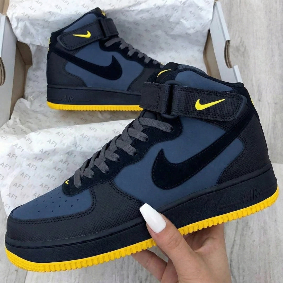 Custom AF 1s Shoes Navy Gray Yellow