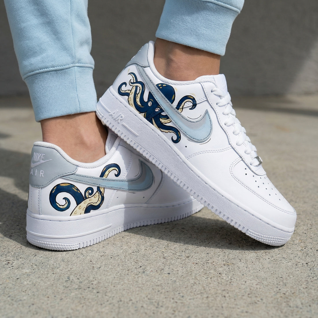 Custom AF 1s Shoes Octopus Pattern Dark Blue