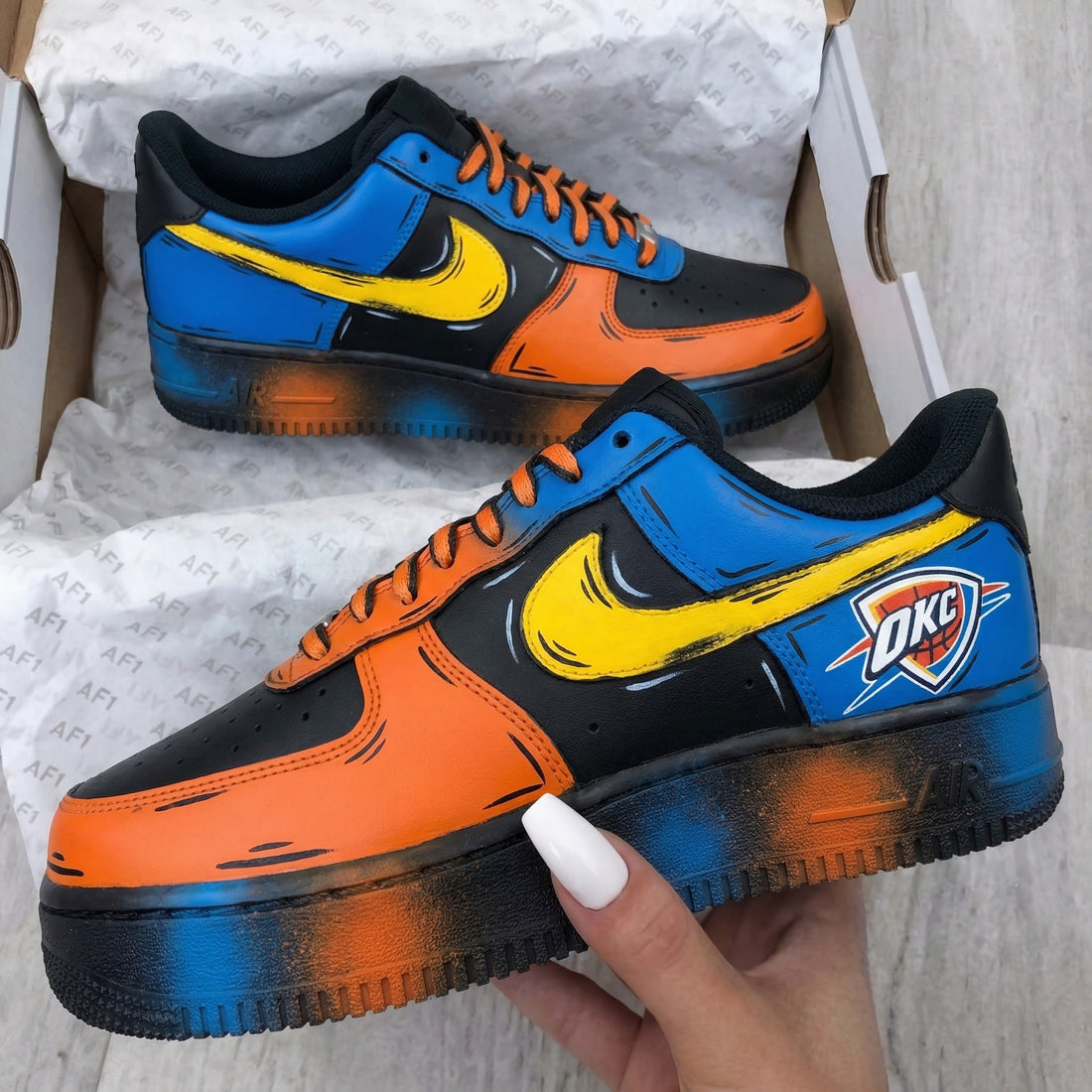 Custom AF 1s Shoes OKC Logo Cartoon Style Blue Orange Black