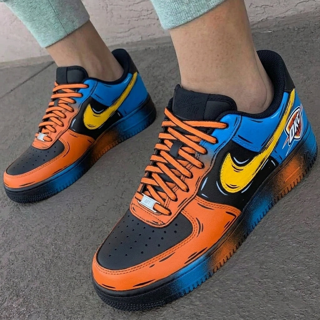 Custom AF 1s Shoes OKC Logo Cartoon Style Blue Orange Black
