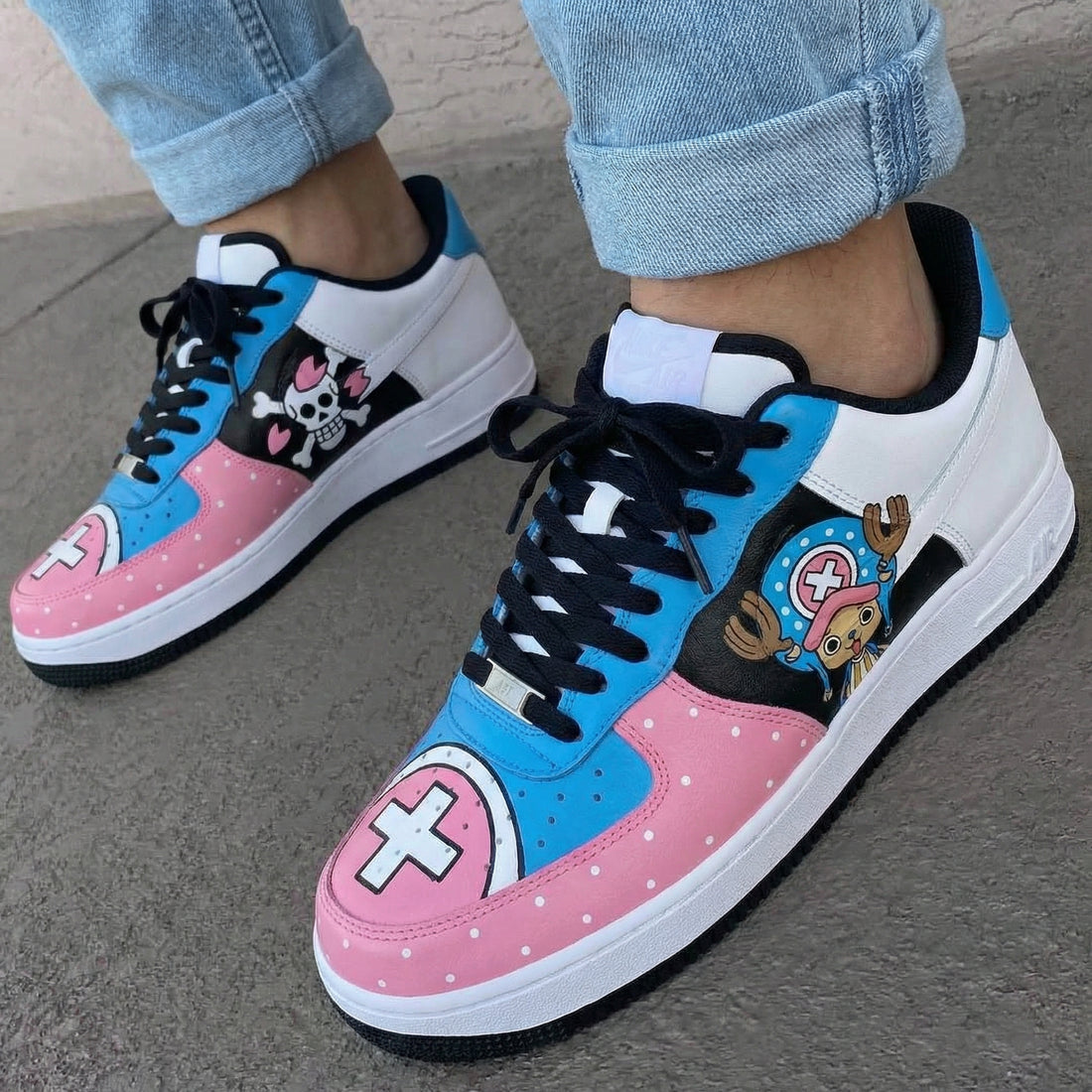 Custom AF 1s Shoes One Piece Chopper Skull Pattern Baby Pink Baby Blue Black