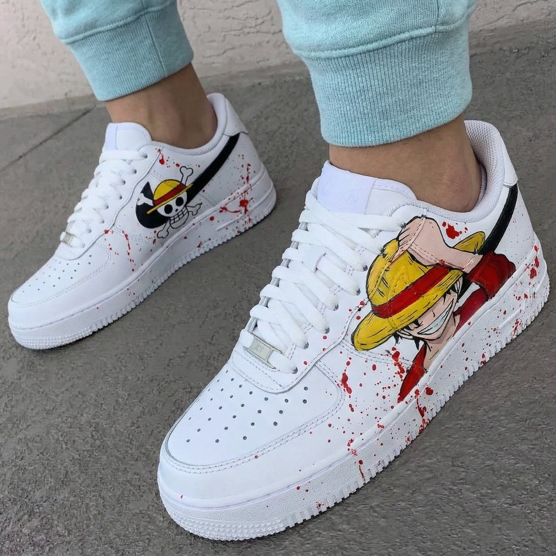 Custom AF 1s Shoes One Piece Luffy Skull Logo Blood Splatter Red Black