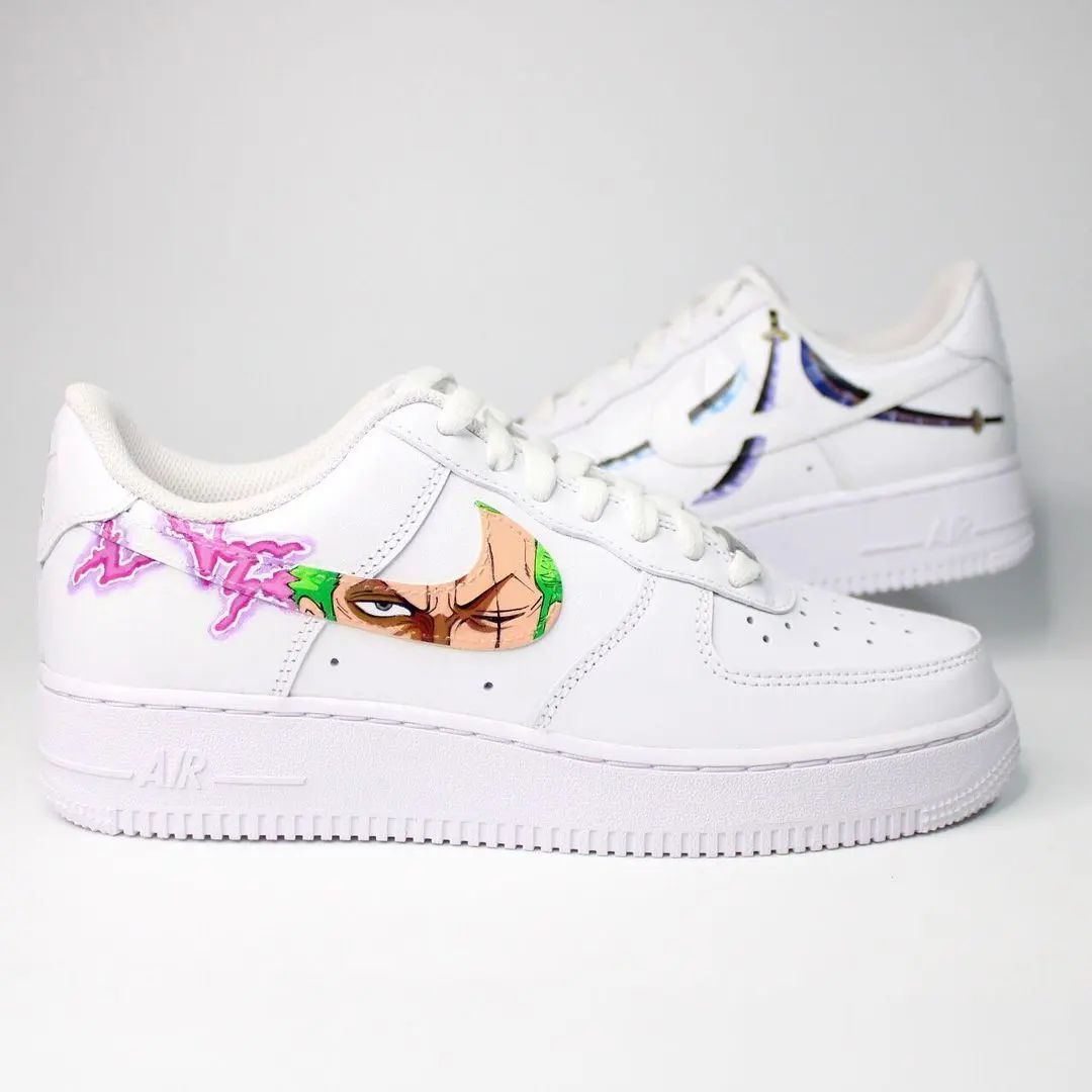 Custom AF 1s Shoes One Piece Zoro Design Pink Green