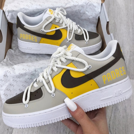 Custom AF 1s Shoes Padres Lettering Yellow Brown Light Gray