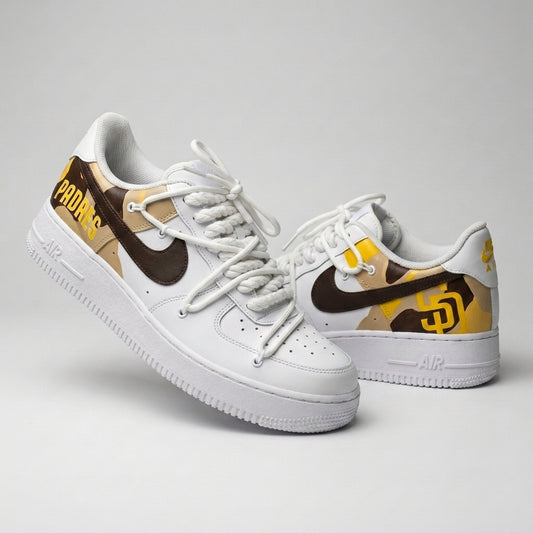 Custom AF 1s Shoes Padres SD Logo Camo Brown Yellow
