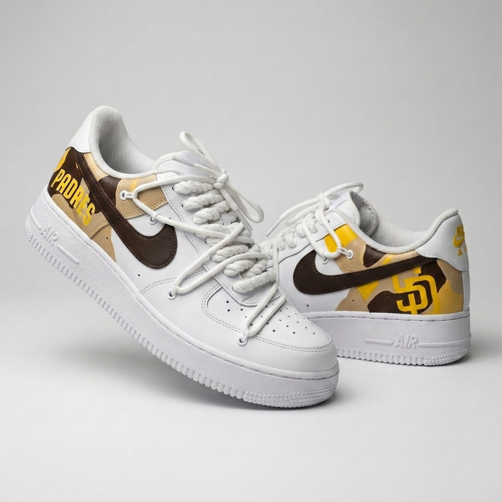 Custom AF 1s Shoes Padres SD Logo Camo Brown Yellow
