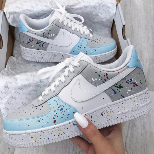 Custom AF 1s Shoes Paint Splatter Baby Blue Grey