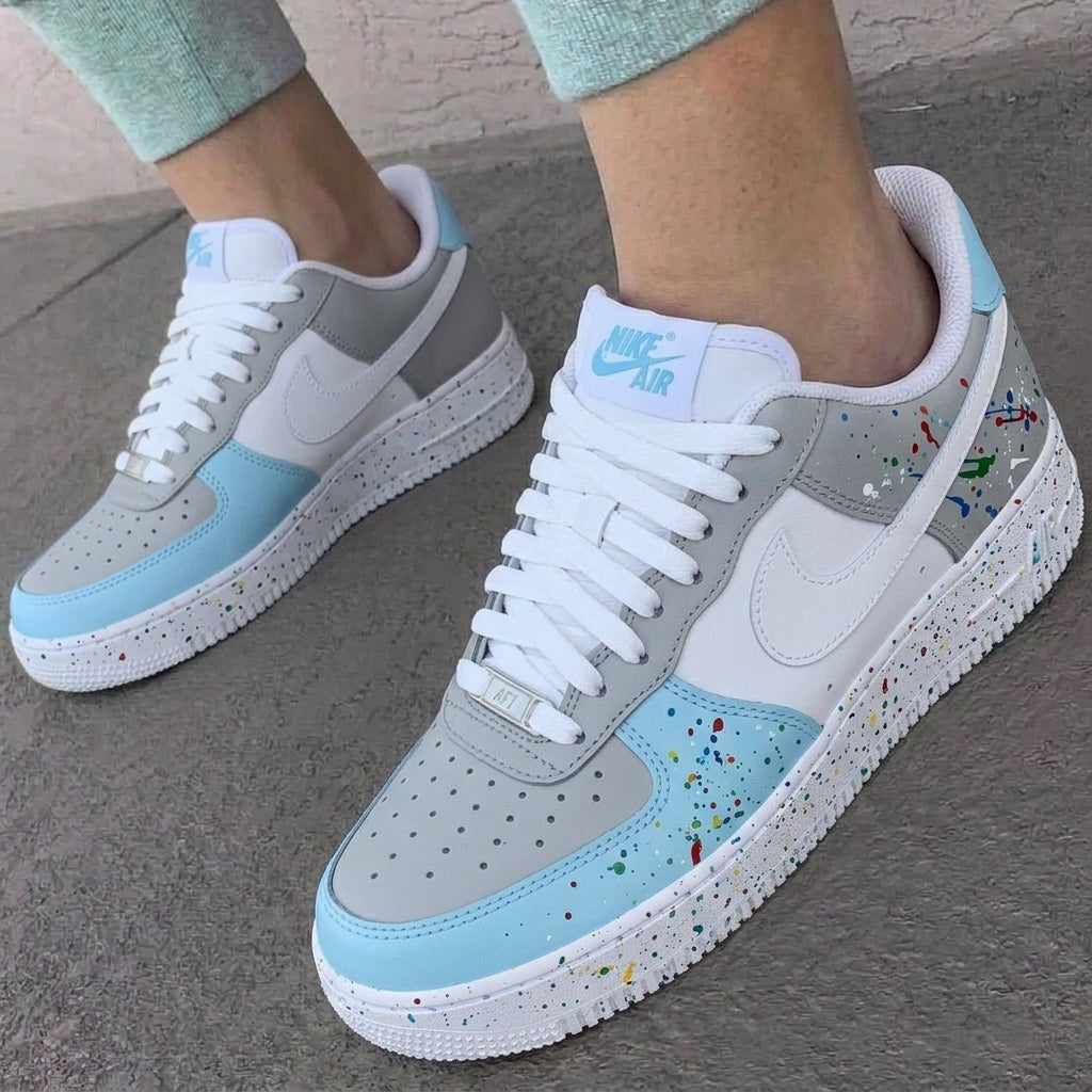 Custom AF 1s Shoes Paint Splatter Baby Blue Grey