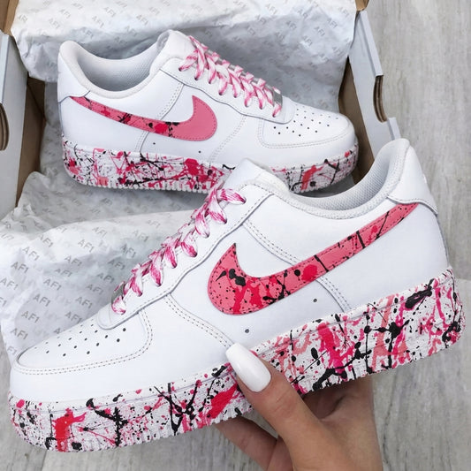 Custom AF 1s Shoes Paint Splatter Baby Pink Black