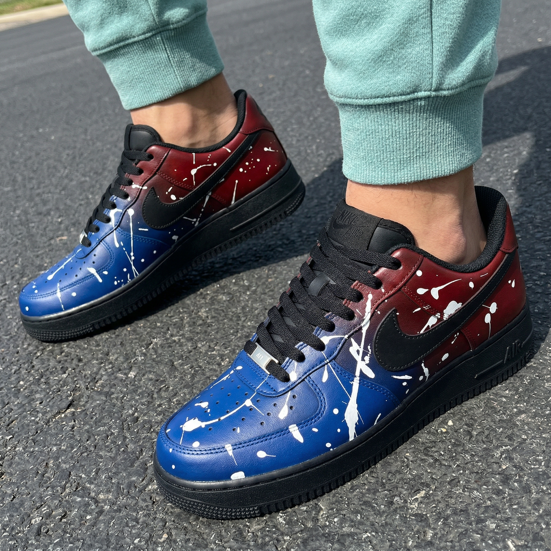 Custom AF 1s Shoes Paint Splatter Blue Red