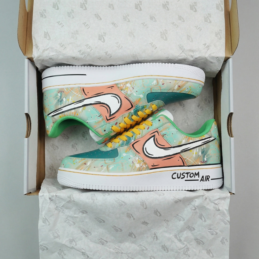 Custom AF 1s Shoes Paint - Splatter Design Baby Blue Orange Yellow