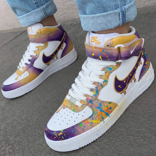 Custom AF 1s Shoes Paint - Splatter Design Purple Yellow