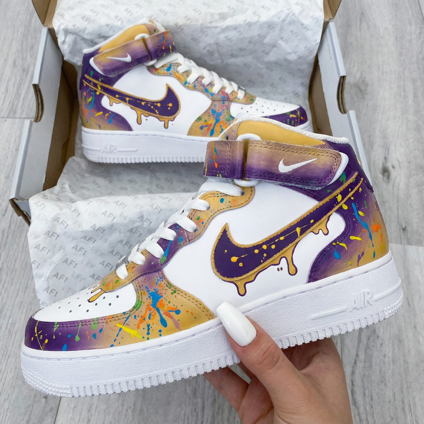 Custom AF 1s Shoes Paint - Splatter Design Purple Yellow